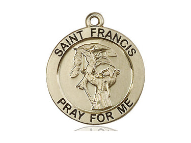 14kt solid gold St. Francis patron saint medal pendant, 1 x 7/8 inches, handcrafted in USA by Bliss Manufacturing