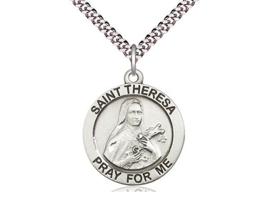 Sterling silver St. Theresa patron saint medal necklace 1 inch x 7/8 inch pendant 24 inch curb chain by Bliss