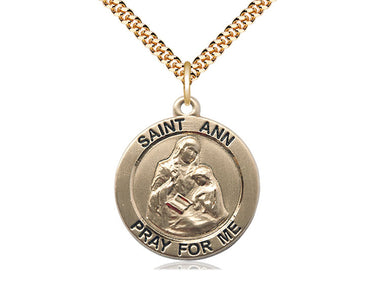 14kt Gold Filled St. Ann patron saint medal necklace 1 inch by 7/8 inch pendant on 24 inch curb chain handmade by Bliss Manufacturing