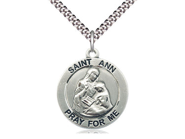 Sterling Silver St. Ann patron saint medal necklace 1 inch by 7/8 inch pendant on 24 inch curb chain handmade by Bliss Manufacturing