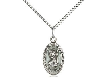 Sterling silver St. Christopher patron saint medal necklace, 5/8 inch pendant with 18 inch chain, handcrafted by Bliss USA