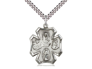 Sterling Silver 4-Way Medal Necklace 1 inch by 7/8 inch on 24 inch curb chain featuring Sacred Heart, Miraculous Medal, St. Christopher and St. Joseph by Bliss