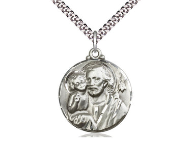 Sterling silver St. Joseph patron saint medal necklace 1-1/8 x 7/8 inches with 24 inch chain by Bliss Manufacturing