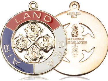 Large 14kt solid gold Land Sea Air protection medal pendant, 1 3/8 x 1 1/8 inch, handcrafted by Bliss