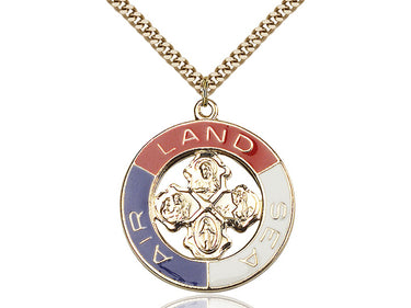 Large gold plated sterling silver Land Sea Air medal necklace 1 3/8 x 1 1/8 inches 24 inch chain by Bliss Manufacturing