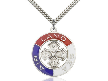 Large Sterling Silver Land Sea Air protection medal necklace with 1 3/8 by 1 1/8 inch pendant on 24 inch chain by Bliss Manufacturing