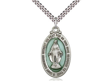 Sterling Silver Miraculous Medal Necklace 1 1/8 x 5/8 inches on 24 inch curb chain handcrafted by Bliss USA