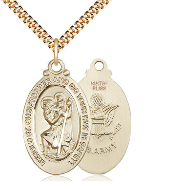 14kt Gold Filled St. Christopher Army Medal Necklace 1 1/8 inch pendant 24 inch chain Bliss USA