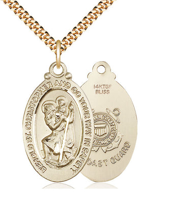 14kt Gold Filled St. Christopher Medal Necklace 1 and 1/8 by 5/8 inches with 24 inch chain USA made by Bliss Manufacturing