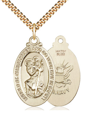 14kt Gold Filled St. Christopher Navy Medal Necklace 1.125 x 0.625 inches with 24 inch curb chain handcrafted by Bliss USA