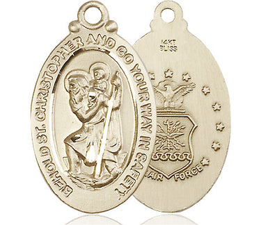 14kt solid gold large St. Christopher Air Force medal pendant, 1-1/4 x 5/8 inches, handcrafted in USA by Bliss Manufacturing