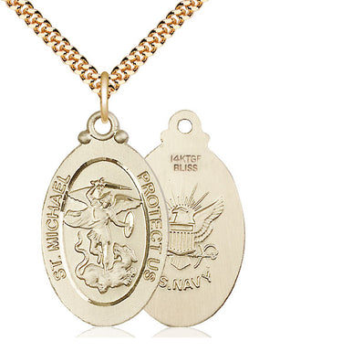 14kt Gold Filled St. Michael Navy Medal Necklace 1.125 x 0.625 inches with 24 inch curb chain handcrafted by Bliss USA
