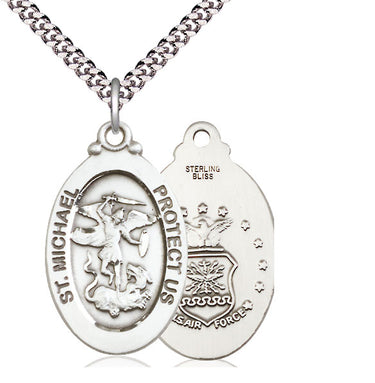 Sterling silver St. Michael Air Force medal necklace, medium 1.125 x 0.625 inches with 24 inch curb chain, Bliss USA