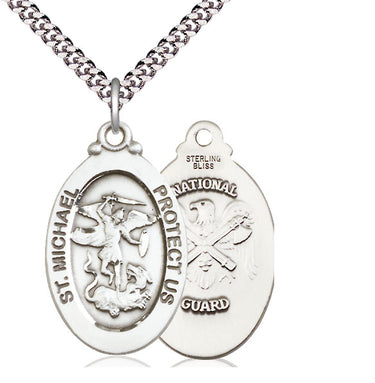 Sterling Silver Medium St. Michael National Guard Medal Necklace 1.125 x 0.625 inches 24 inch chain Bliss