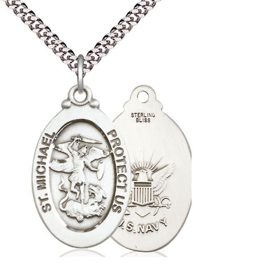 Sterling Silver St. Michael Navy Medal Necklace 1.125 x 0.625 inches with 24 inch curb chain handcrafted by Bliss USA