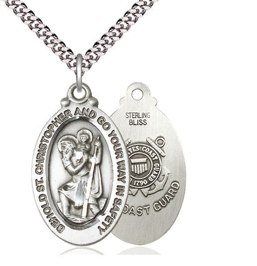 Sterling silver St. Christopher Coast Guard medal necklace with 24 inch chain, handcrafted by Bliss