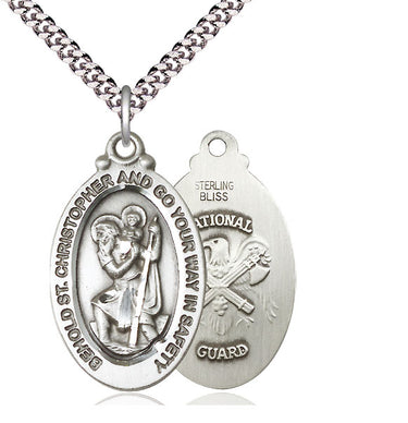 Sterling Silver St. Christopher National Guard Medal Necklace 1 1/8 inch by 5/8 inch with 24 inch chain handmade by Bliss