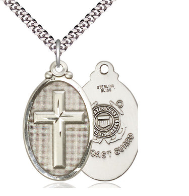 Sterling Silver Large Coast Guard Cross Necklace with 24 inch Chain by Bliss Manufacturing