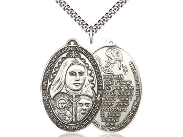 Large Sterling Silver St. Therese of Lisieux Patron Saint Medal Necklace 1 3/8 x 1 inch with 24 inch chain by Bliss Manufacturing