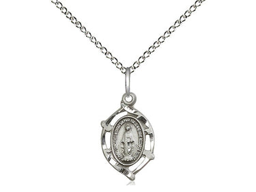 Sterling Silver Small Miraculous Medal Necklace 5/8 x 3/8 inch on 18 inch chain by Bliss Manufacturing