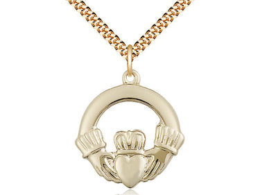 Gold Filled Claddagh Necklace 1x1 inch pendant 24 inch chain handcrafted by Bliss Manufacturing