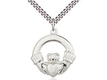 Sterling Silver Claddagh Necklace 1x1 inch pendant 24 inch chain handcrafted by Bliss Manufacturing