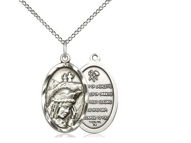 Sterling silver Our Lady of La Salette medal necklace, 7/8 x 1/2 inch pendant on 18 inch curb chain, handmade by Bliss