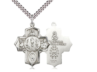 Large Sterling Silver Catholic 5-Way Medal Necklace 1.25 x 1 inch with 24 inch Chain Handcrafted by Bliss