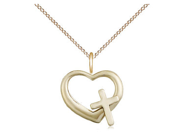 14kt Gold Filled small heart cross pendant necklace 1/2 inch on 18 inch chain by Bliss Manufacturing