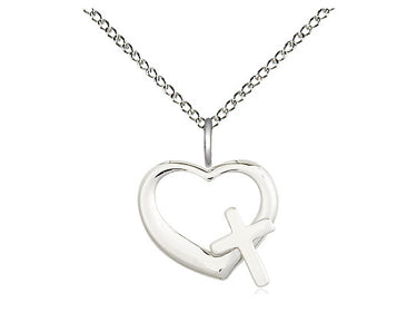 Sterling Silver small heart cross pendant necklace 1/2 inch on 18 inch chain by Bliss Manufacturing