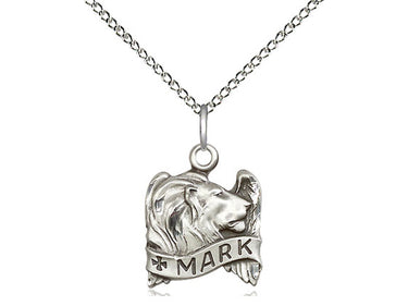 Sterling silver St. Mark patron saint medal necklace, 5/8 x 1/2 inch pendant, 18-inch chain, handcrafted by Bliss Manufacturing USA