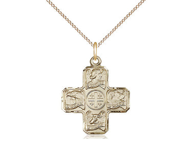 14kt gold filled Four Evangelists Medal necklace 7/8 inch with 18 inch curb chain by Bliss Manufacturing USA