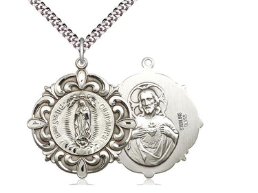 Sterling Silver Large Our Lady of Guadalupe Pendant Necklace 1 1/4 inch with 24 inch Chain by Bliss