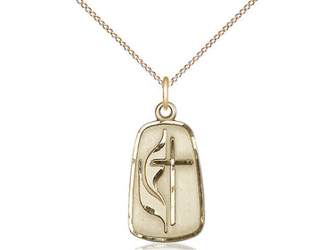 14kt Gold Filled Methodist Cross Necklace with Flame Symbol 7/8 x 3/8 inches on 18 inch Chain by Bliss