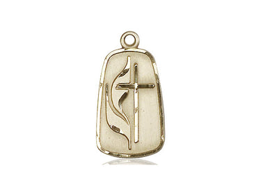 14kt Solid Gold Methodist Cross Medal with flame symbol - 7/8 x 3/8 inch pendant - Bliss Manufacturing USA heirloom jewelry