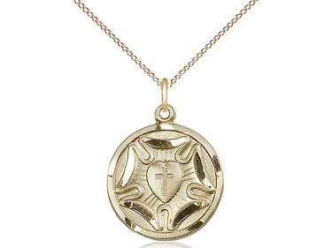 14kt gold filled medium Lutheran rose pendant necklace with 3/4 x 5/8 inch symbol on 18 inch chain by Bliss