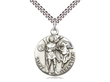 Sterling silver St. Sebastian patron saint medal necklace with 24 inch curb chain, 1x7/8 inch pendant, handcrafted by Bliss Manufacturing