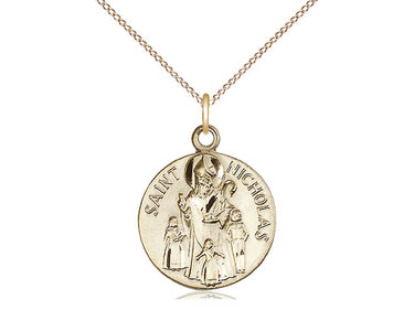 14kt Gold Filled St. Nicholas patron saint medal necklace with 3/4 x 5/8 inch pendant on 18 inch curb chain by Bliss Manufacturing