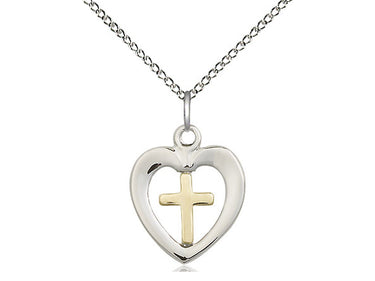 Two-tone gold filled sterling silver heart chalice cross pendant necklace 5/8 x 1/2 inches with 18 inch chain by Bliss