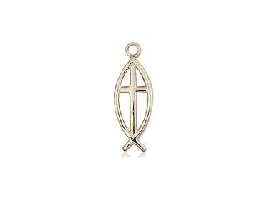 14kt solid gold medium fish cross pendant 3/4 inch, handcrafted Catholic jewelry by Bliss Manufacturing