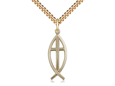 14kt gold filled medium fish cross necklace 1 inch pendant on 24 inch curb chain, Catholic jewelry by Bliss