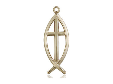 14kt solid gold medium fish cross pendant 1 inch, handcrafted heirloom Catholic jewelry by Bliss Manufacturing