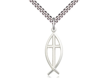 Sterling silver medium fish cross necklace 1 inch pendant on 24 inch curb chain, Catholic jewelry by Bliss