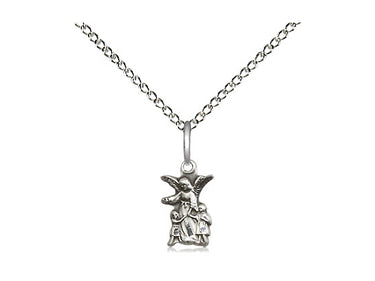 Small sterling silver Guardian Angel pendant necklace 3/8 x 1/4 inches with 18 inch curb chain handcrafted by Bliss Manufacturing USA