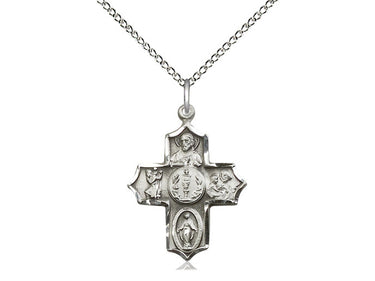 Sterling Silver 4-Way Medal Necklace 7/8 inch by 5/8 inch on 18 inch curb chain featuring Sacred Heart, Miraculous Medal, St. Christopher and St. Joseph by Bliss