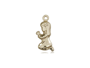 14kt solid gold small praying girl medal pendant 5/8 inch by 1/4 inch handcrafted by Bliss Manufacturing