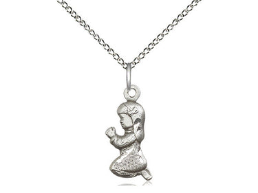 Sterling silver small praying girl medal necklace 5/8 inch on 18 inch curb chain by Bliss Manufacturing
