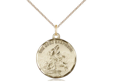 Gold Filled Good Shepherd Christ Medal Necklace 7/8 inch by 3/4 inch pendant on 18 inch chain handcrafted by Bliss Manufacturing