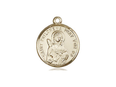14kt solid gold St. Philomena patron saint medal pendant, 3/4 inch by 5/8 inch, handcrafted by Bliss Manufacturing