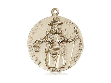 14kt Solid Gold Santo Nino de Atocha patron saint medal pendant 1 x 7/8 inch handcrafted by Bliss Manufacturing